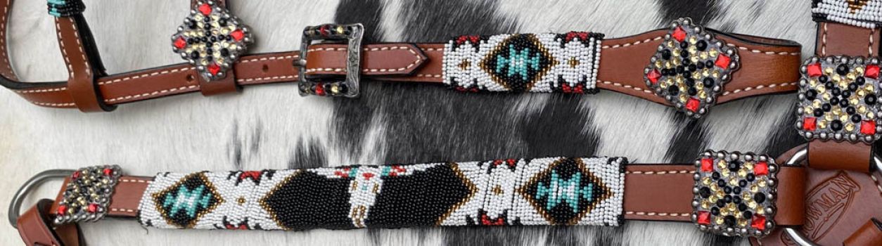 Showman 4 Piece Steer Head Beaded One Ear Headstall and Breastcollar Set #3